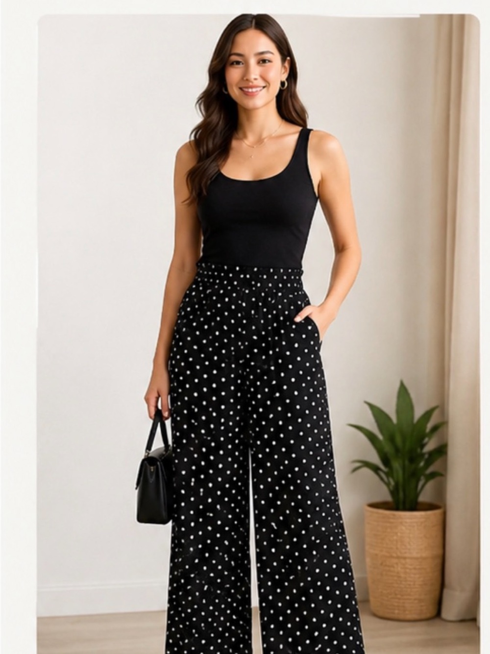 Black Polka Dot Elastic Waist Midi pants Size Large Ai Model